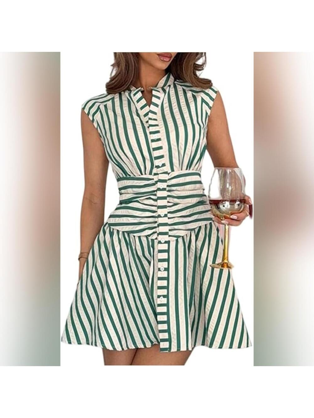 NWOT Soly Hux Striped Button Down Elegant Ruched Cap Sleeve Mini Shirt Dress, XS